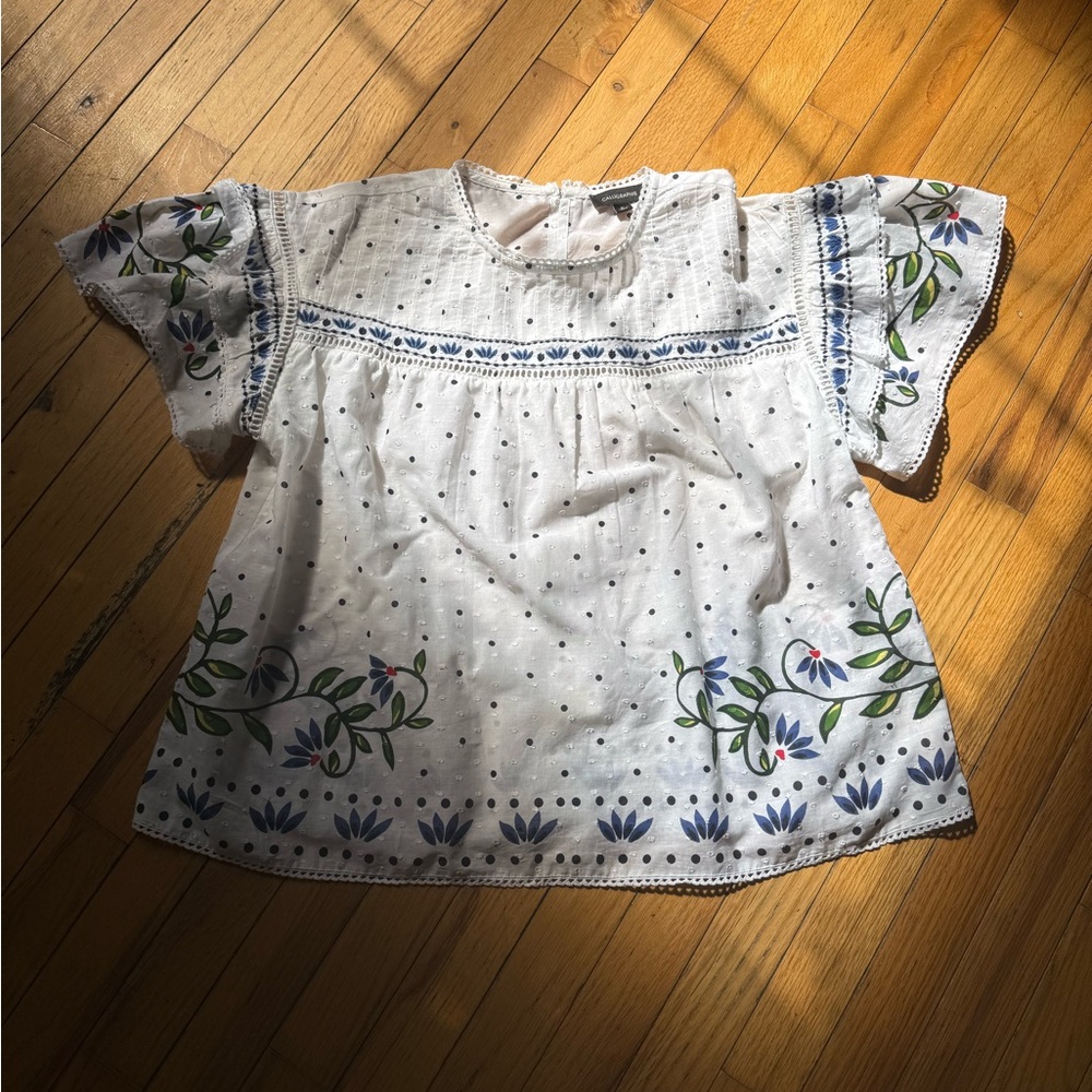 Embroidered Floral Women's Blouse - White & Blue